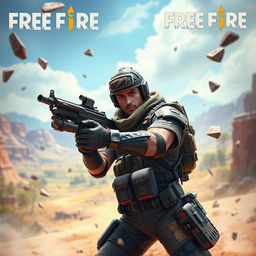 A dynamic scene featuring a Free Fire player in a tactical outfit, confidently wielding a futuristic gun