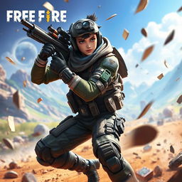 A dynamic scene featuring a Free Fire player in a tactical outfit, confidently wielding a futuristic gun