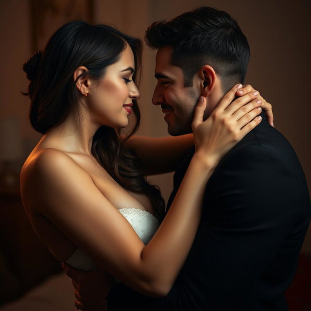 A sensual and intimate scene featuring a couple in a passionate embrace, showcasing their chemistry and connection
