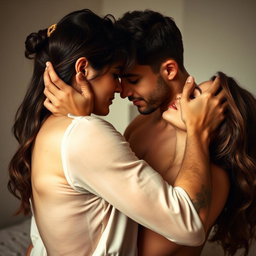 A sensual and intimate scene featuring a couple in a passionate embrace, showcasing their chemistry and connection