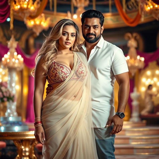 A curvy blonde woman elegantly dressed in a transparent saree that beautifully drapes over her figure, paired with a stylish bra blouse accentuating her cleavage and revealing her belly button