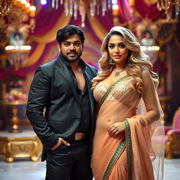 A curvy blonde woman elegantly dressed in a transparent saree that beautifully drapes over her figure, paired with a stylish bra blouse accentuating her cleavage and revealing her belly button