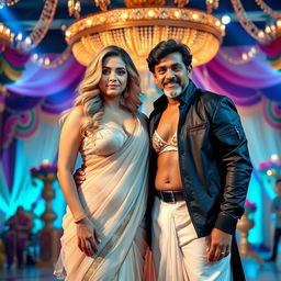 A curvy blonde woman elegantly dressed in a transparent saree that beautifully drapes over her figure, paired with a stylish bra blouse accentuating her cleavage and revealing her belly button