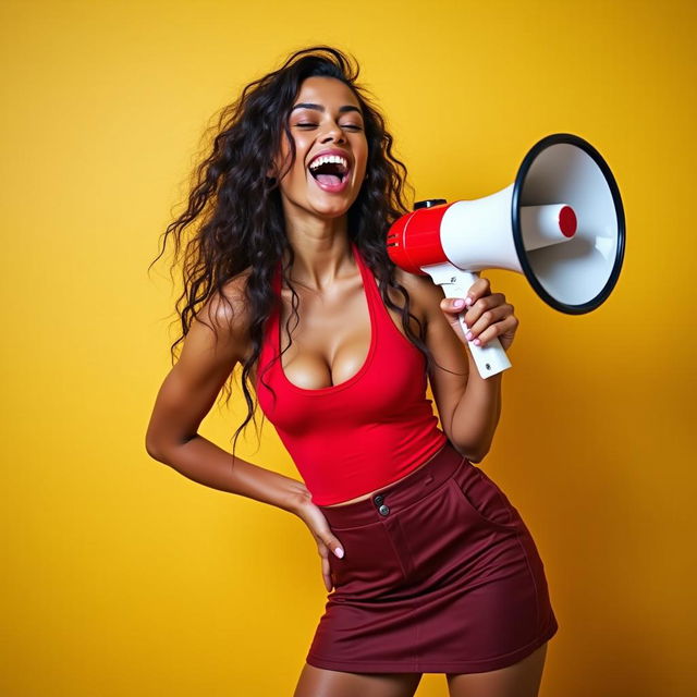 A sexy girl laughing while speaking into a megaphone