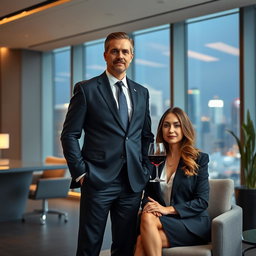 A commanding CEO standing confidently in a well-fitted suit, embodying a strong presence in a modern office environment