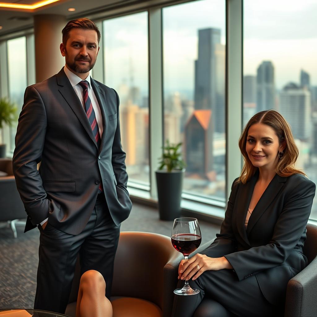 A commanding CEO standing confidently in a well-fitted suit, embodying a strong presence in a modern office environment