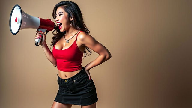 A sexy girl talking joyfully into a megaphone, wearing a red tank top that highlights her figure