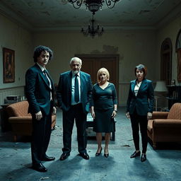 A scene inside an abandoned villa featuring four people