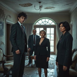 A scene inside an abandoned villa featuring four people