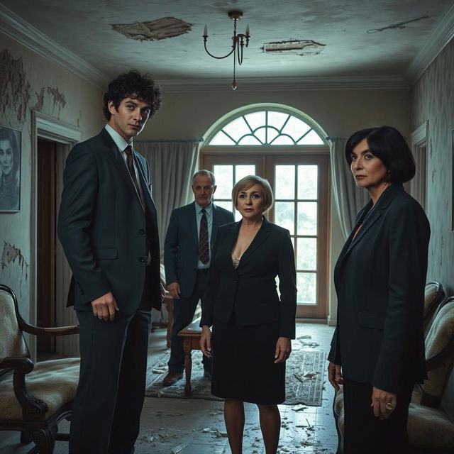 A scene inside an abandoned villa featuring four people