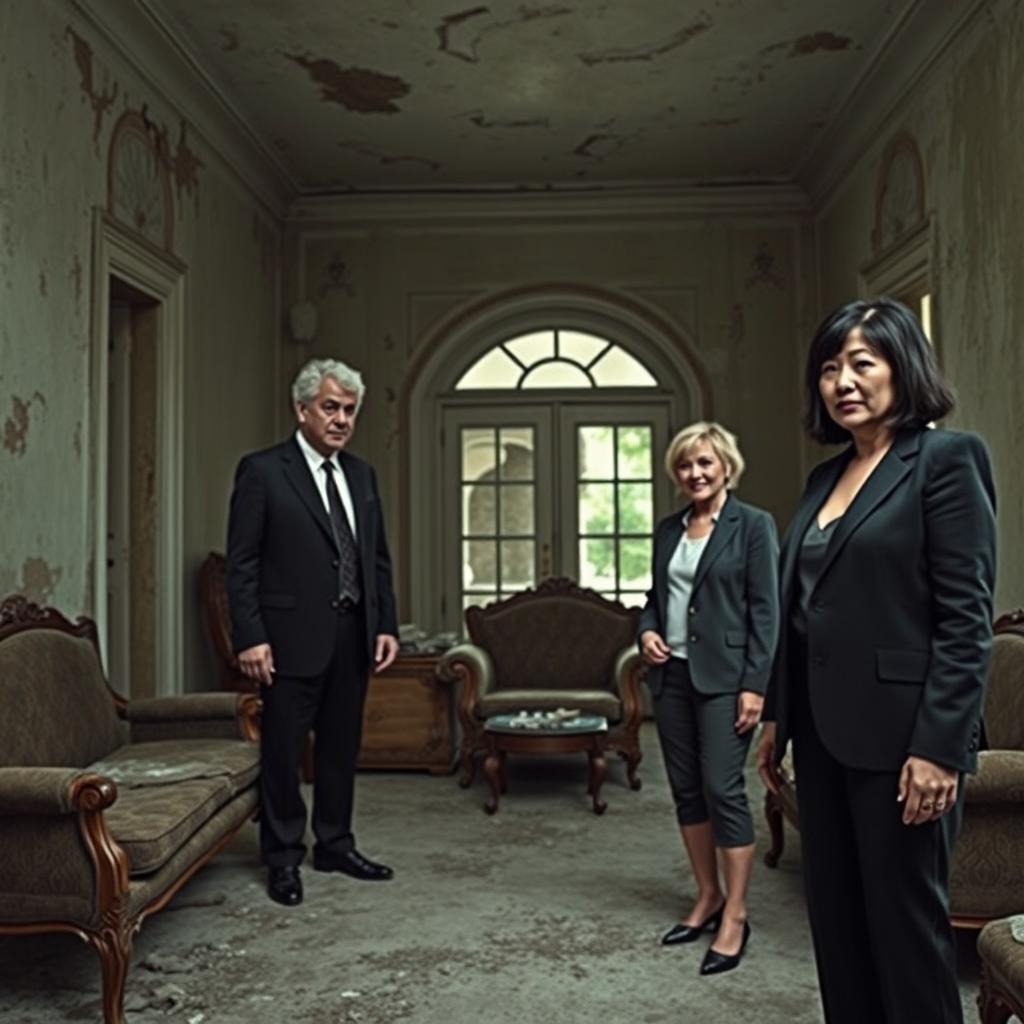 A scene inside an abandoned villa featuring four people