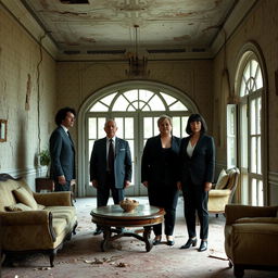 A scene inside an abandoned villa featuring four people