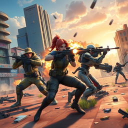 An epic battle scene from a popular mobile battle royale game, featuring diverse characters in unique outfits, engaging in combat on a vibrant urban battlefield