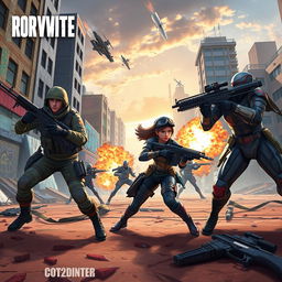 An epic battle scene from a popular mobile battle royale game, featuring diverse characters in unique outfits, engaging in combat on a vibrant urban battlefield
