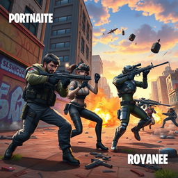 An epic battle scene from a popular mobile battle royale game, featuring diverse characters in unique outfits, engaging in combat on a vibrant urban battlefield