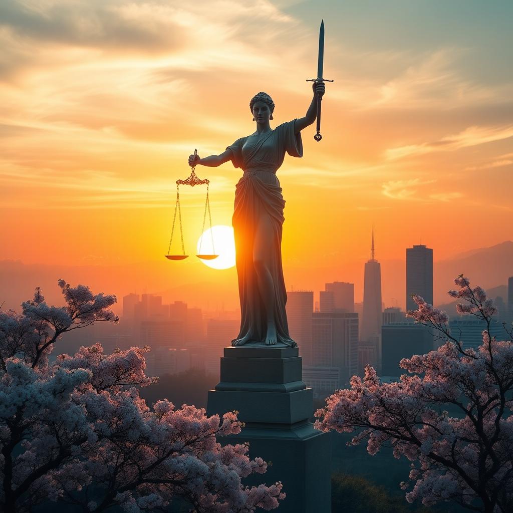 A breathtaking landscape depicting a rising sun casting golden and orange hues over a dramatic skyline, symbolizing hope and justice