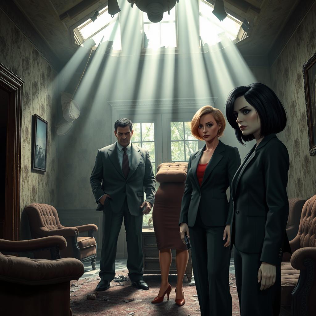 A scene inside an abandoned villa featuring four characters: a tall, dark-skinned young man in his thirties with short curly black hair, a mid-aged businessman in his fifties wearing a formal business suit with an evil expression, a short and plump woman in her forties with short blonde hair, and a medium-thin woman in her fifties wearing a formal suit with sleek short black hair