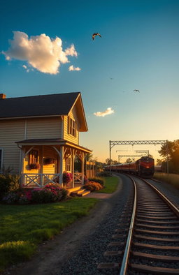 A picturesque house located right beside an old railway track, featuring a charming vintage design with a welcoming front porch and colorful flowers in the garden