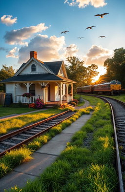 A picturesque house located right beside an old railway track, featuring a charming vintage design with a welcoming front porch and colorful flowers in the garden
