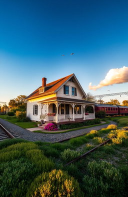 A picturesque house located right beside an old railway track, featuring a charming vintage design with a welcoming front porch and colorful flowers in the garden