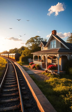A picturesque house located right beside an old railway track, featuring a charming vintage design with a welcoming front porch and colorful flowers in the garden