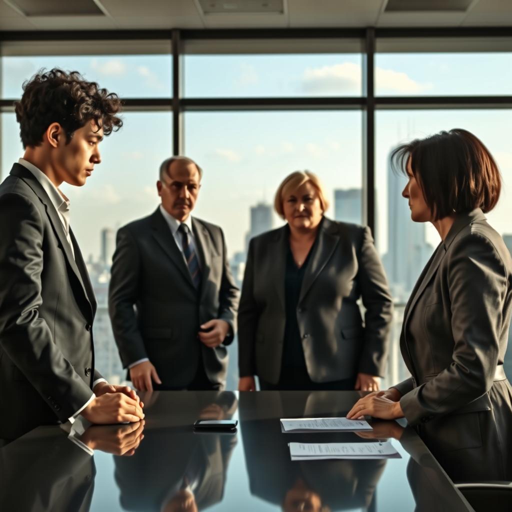 A scene featuring four individuals: the first is a tall, slender man in his thirties with light curly black hair and a medium skin tone; the second is a sinister businessman in his fifties wearing a formal business suit; the third is a short, full-figured woman in her forties with short blonde hair; and the fourth is a middle-aged woman in her fifties, medium build, wearing a formal suit with smooth, short black hair