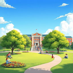 An artistic illustration of a serene school landscape featuring a large, beautiful school building in the background