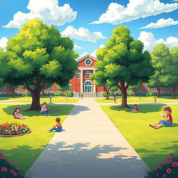 An artistic illustration of a serene school landscape featuring a large, beautiful school building in the background