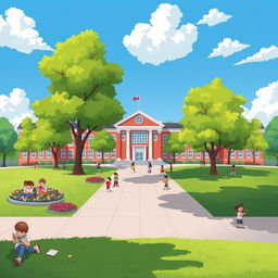 An artistic illustration of a serene school landscape featuring a large, beautiful school building in the background