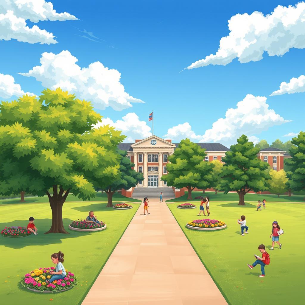 An artistic illustration of a serene school landscape featuring a large, beautiful school building in the background