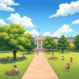An artistic illustration of a serene school landscape featuring a large, beautiful school building in the background