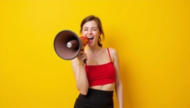 A sexy European girl holding a megaphone, wearing a red strap top and a black mini skirt that showcases her figure