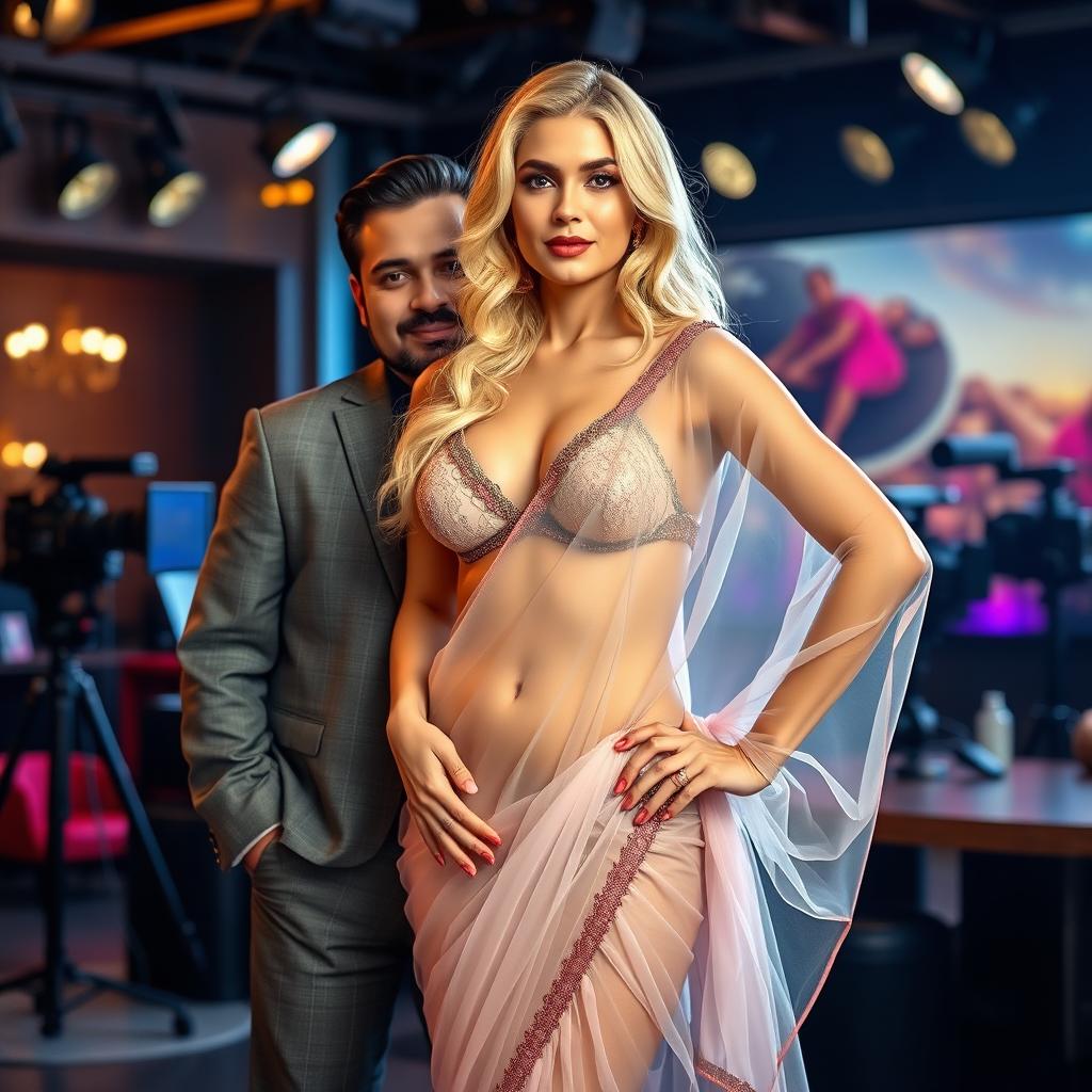 A blonde woman with a voluptuous figure wearing a stunning transparent saree that elegantly drapes over her body, complemented by a fashionable bikini blouse that displays her cleavage and reveals her navel