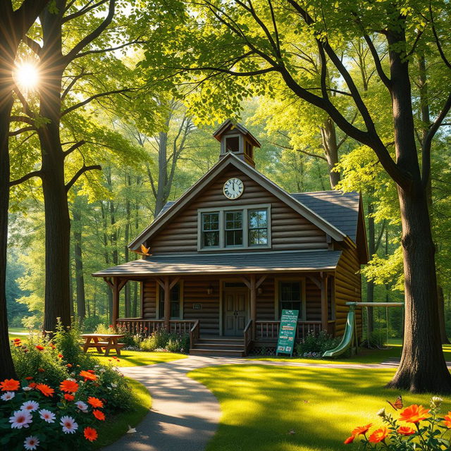 A charming wooden school building nestled in a vibrant green forest, surrounded by tall trees and colorful flowers, with sunlight streaming through the leaves, creating a warm and inviting atmosphere