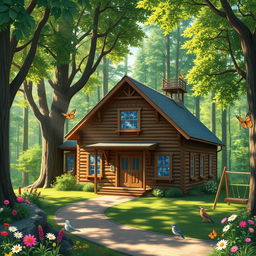 A charming wooden school building nestled in a vibrant green forest, surrounded by tall trees and colorful flowers, with sunlight streaming through the leaves, creating a warm and inviting atmosphere