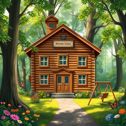 A charming wooden school building nestled in a vibrant green forest, surrounded by tall trees and colorful flowers, with sunlight streaming through the leaves, creating a warm and inviting atmosphere