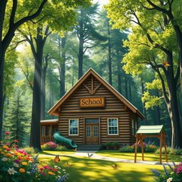 A charming wooden school building nestled in a vibrant green forest, surrounded by tall trees and colorful flowers, with sunlight streaming through the leaves, creating a warm and inviting atmosphere