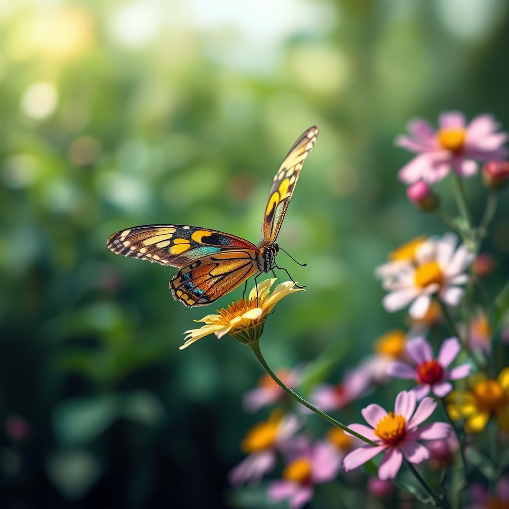 A realistic depiction of a vibrant butterfly perched delicately on a flower in a lush, green natural environment