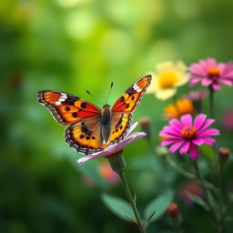 A realistic depiction of a vibrant butterfly perched delicately on a flower in a lush, green natural environment