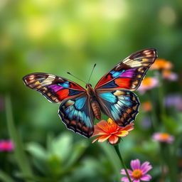 A realistic depiction of a vibrant butterfly perched delicately on a flower in a lush, green natural environment