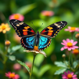 A realistic depiction of a vibrant butterfly perched delicately on a flower in a lush, green natural environment