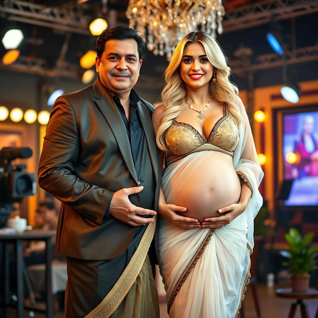 A blonde woman with a voluptuous figure wearing a transparent saree that elegantly showcases her shape, paired with a fashionable bikini blouse that highlights her cleavage and accentuates her pregnant baby bump