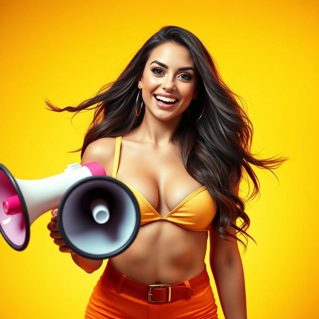 A sexy girl holding a megaphone confidently, with vibrant energy, standing against a bright yellow background