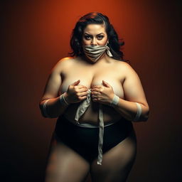 A plus-size woman with a confident expression, her arms and legs tied, and her mouth gagged with a cloth, set in a dramatic and captivating lighting