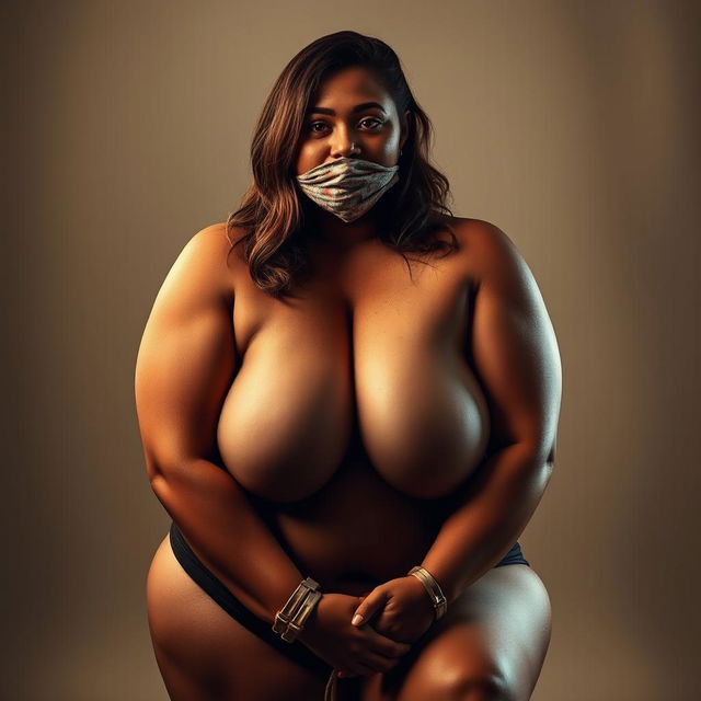 A plus-size woman with a confident expression, her arms and legs tied, and her mouth gagged with a cloth, set in a dramatic and captivating lighting