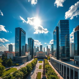 A stunning aerial view of modern skyscrapers in Romania, showcasing a skyline filled with sleek glass buildings