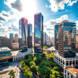 A stunning aerial view of modern skyscrapers in Romania, showcasing a skyline filled with sleek glass buildings