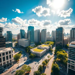 A stunning aerial view of modern skyscrapers in Romania, showcasing a skyline filled with sleek glass buildings