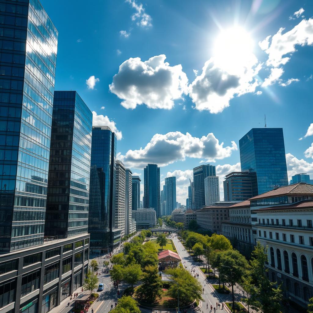 A stunning aerial view of modern skyscrapers in Romania, showcasing a skyline filled with sleek glass buildings
