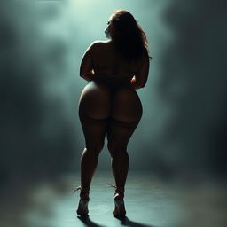 A curvy woman, depicted in a strikingly artistic manner, is portrayed with her arms bound behind her back and her feet tied